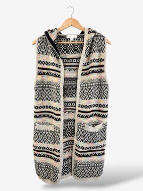Monteau Sleeveless Cardigan Vest Size L Hooded Intarsia Boho Festival Multicolor